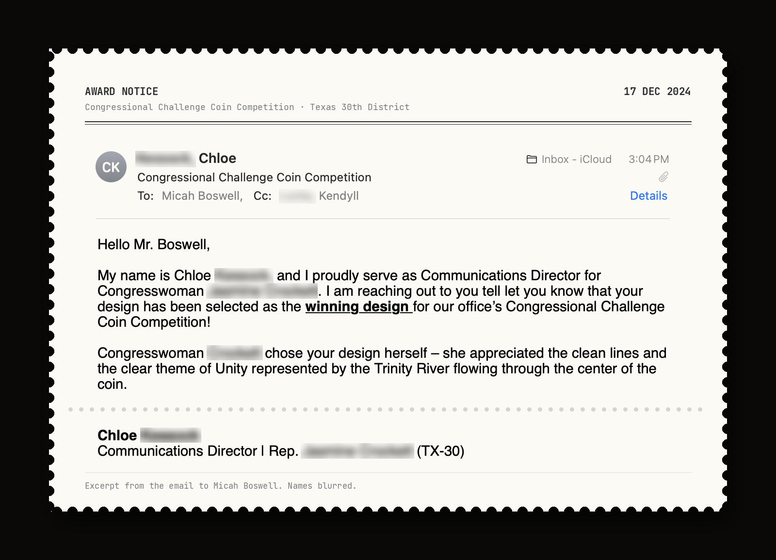 Excerpt of the December 17, 2024 email announcing that Micah Boswell's design won the Congressional Challenge Coin Competition