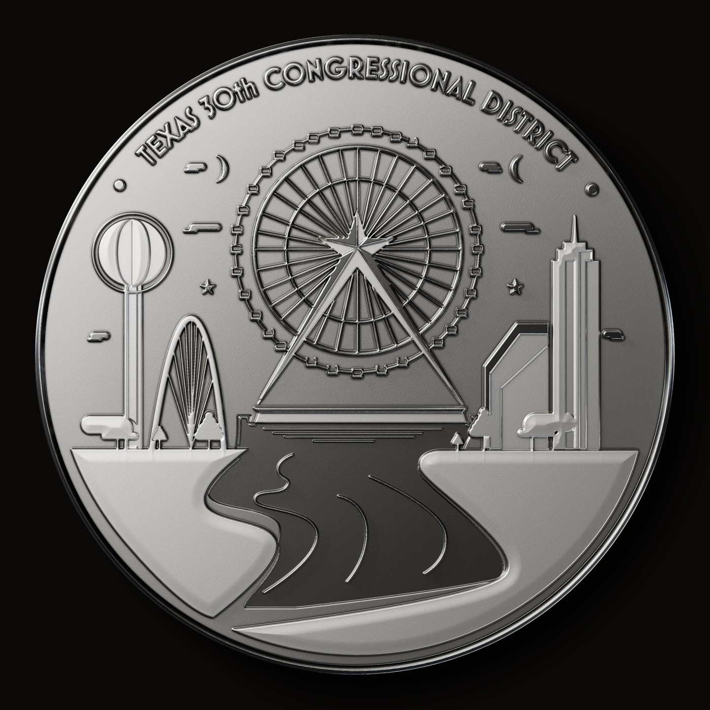 The design rendered as a die-struck silver coin, seen straight on, with the lettering and landmarks in raised relief