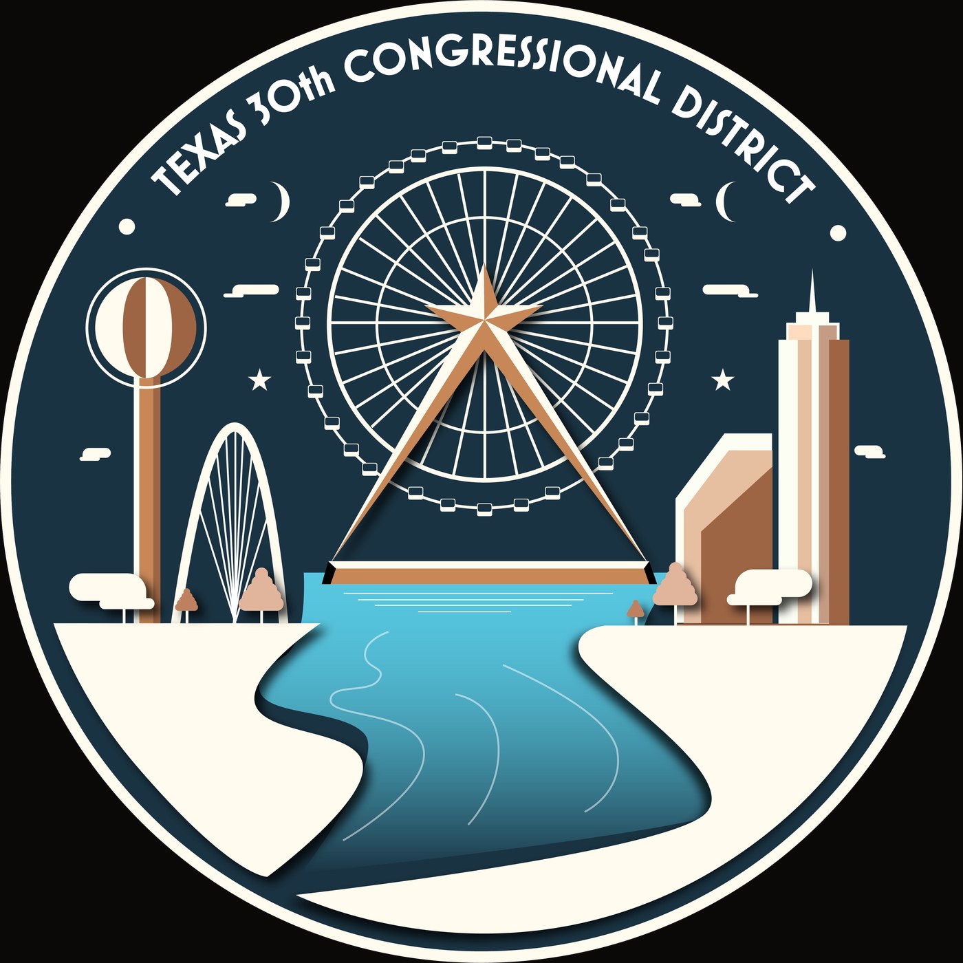 The original coin design: the Trinity River running into the center between Reunion Tower, the Margaret Hunt Hill Bridge, Fountain Place, Republic Center Tower and the Texas Star Ferris wheel